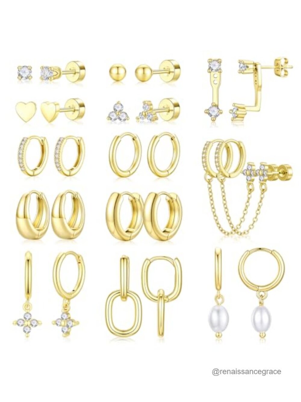 13 Pair Gold Hoop Stud Earrings for Women Hypoallergenic 14K Gold Plated
